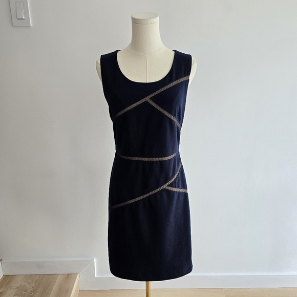 Aryn K Asymmetrical Navy Sheer Shift Dress - Size Medium - Picture 2 of 5